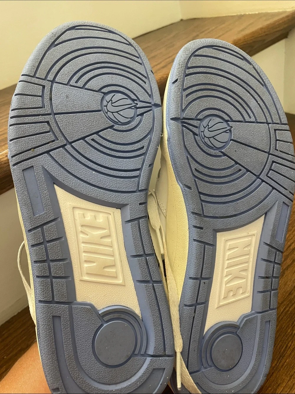 Nike White and Light Blue Low-Top Sneakers with Red Logo